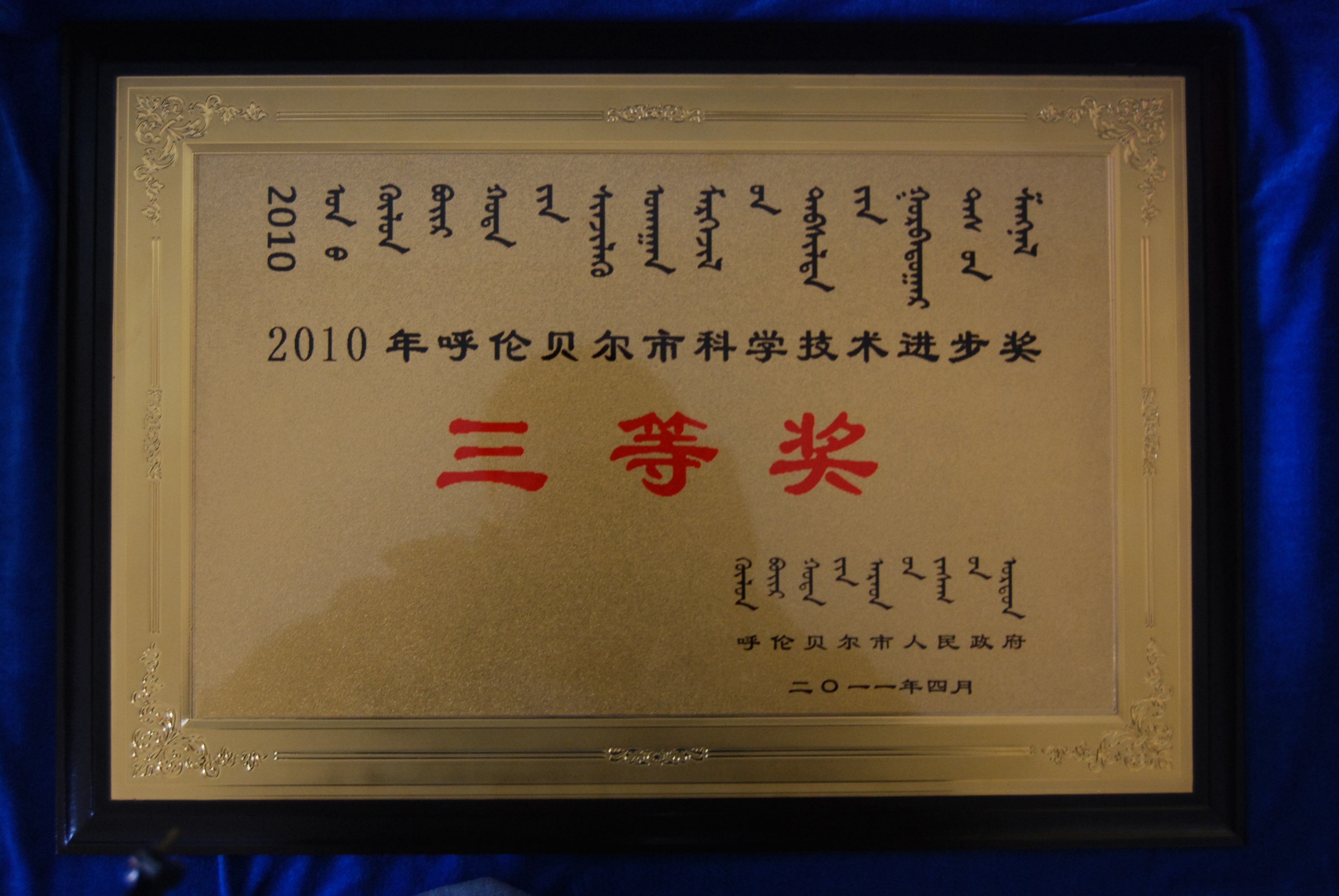 11年04月，我院榮獲2010年呼倫貝爾市科學(xué)技術(shù)進(jìn)步獎三等獎.JPG